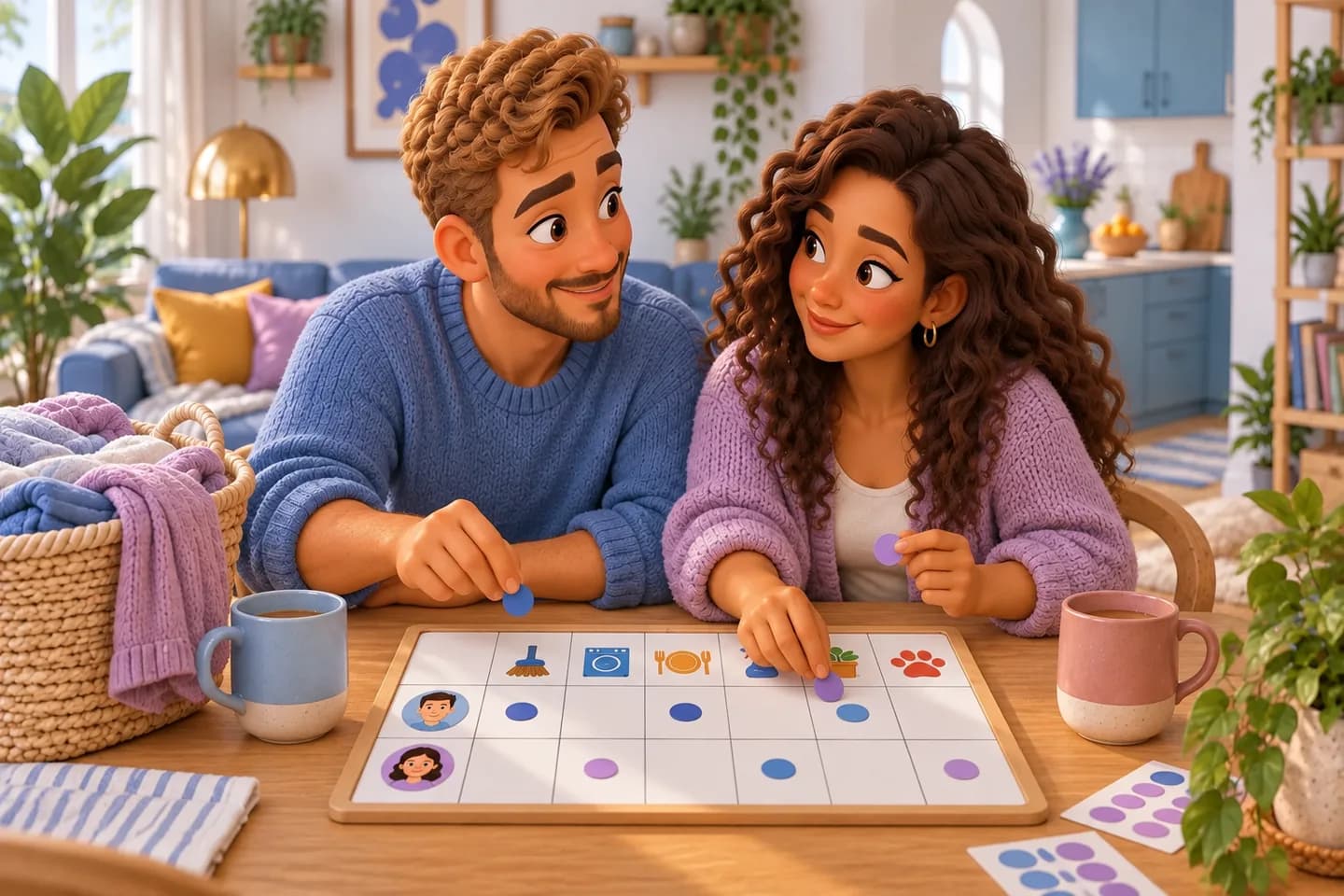 Illustration 3D : un couple répartit des tâches ménagères sur un tableau avec des pictogrammes et des pastilles colorées.