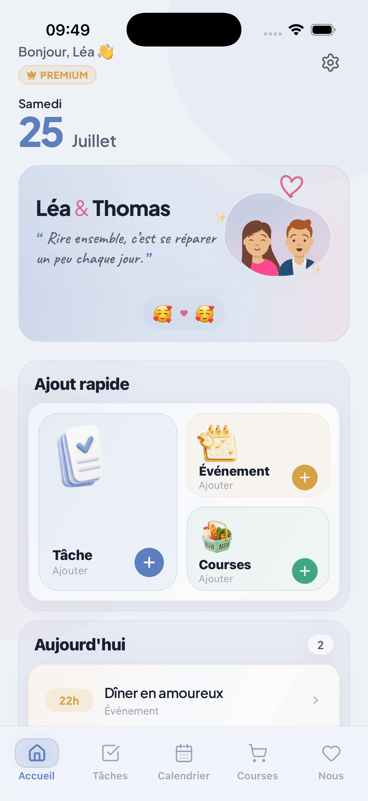 Écran d'accueil WeTodo : tâches du jour et espace du couple