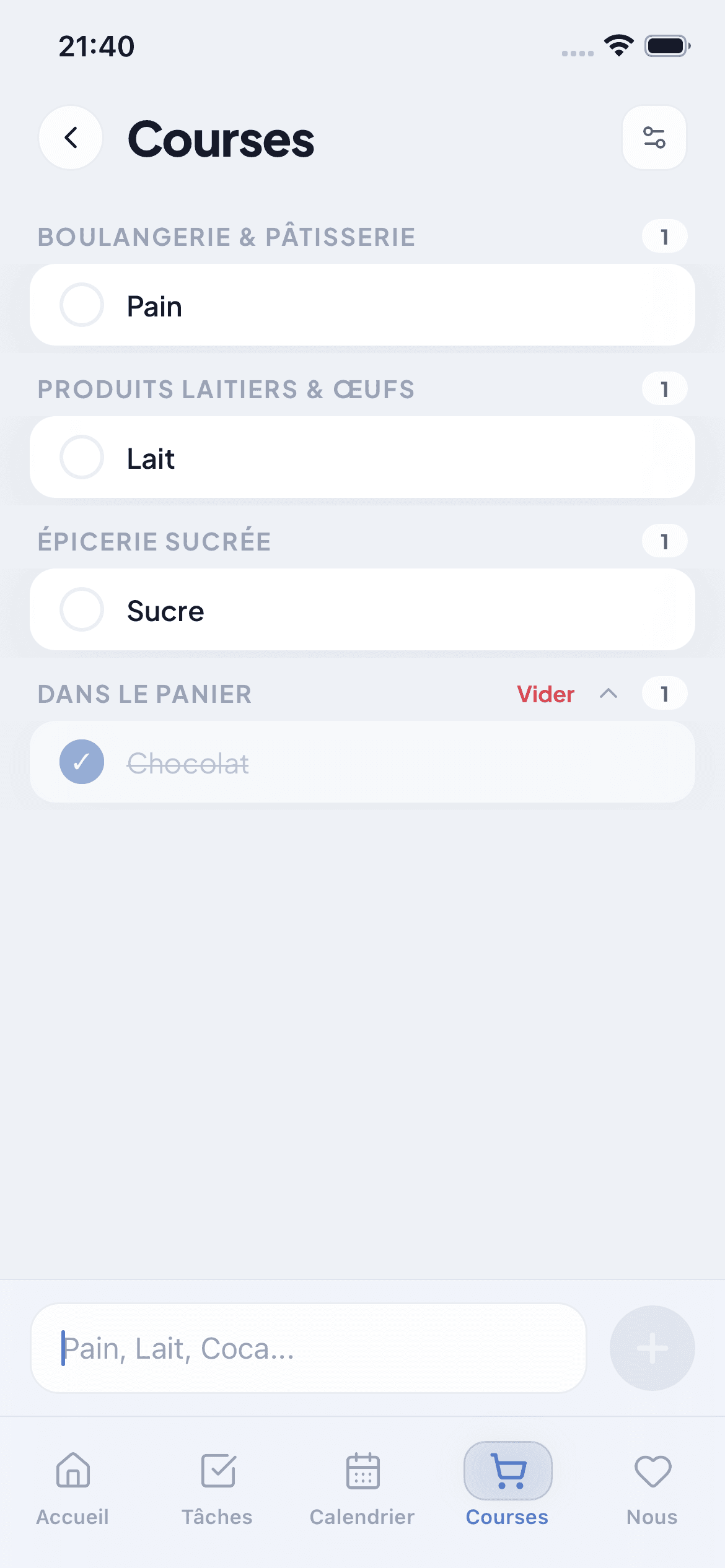 Capture d'écran de la liste de courses WeTodo