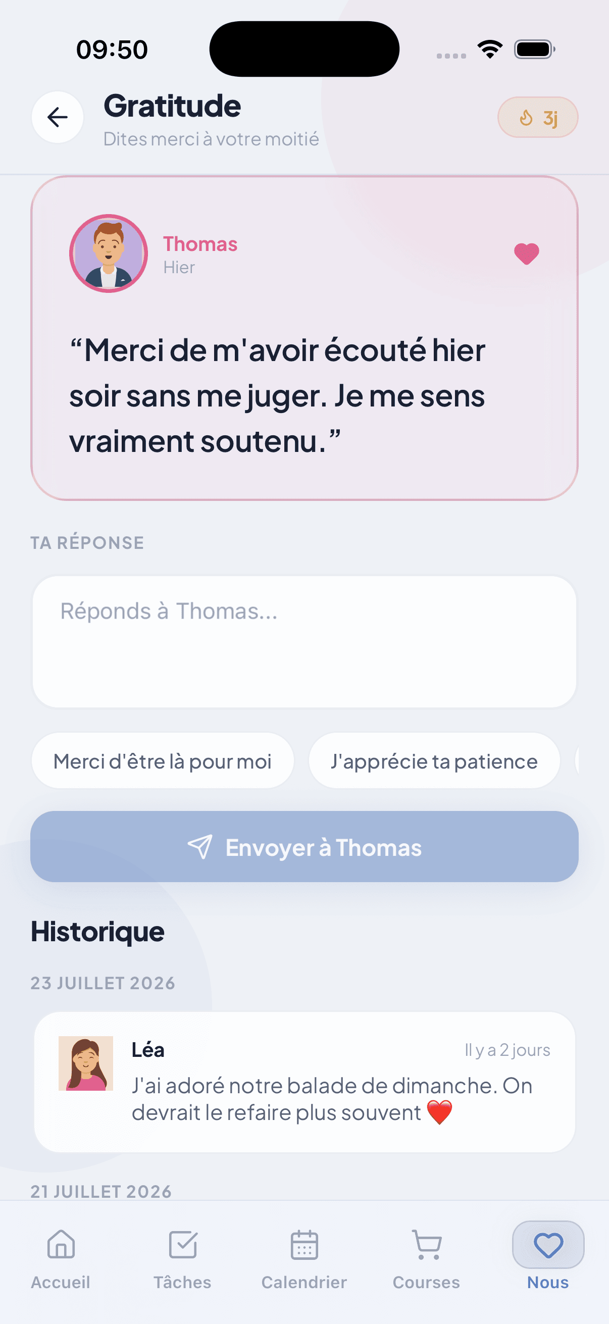 Gratitudes échangées entre partenaires dans WeTodo