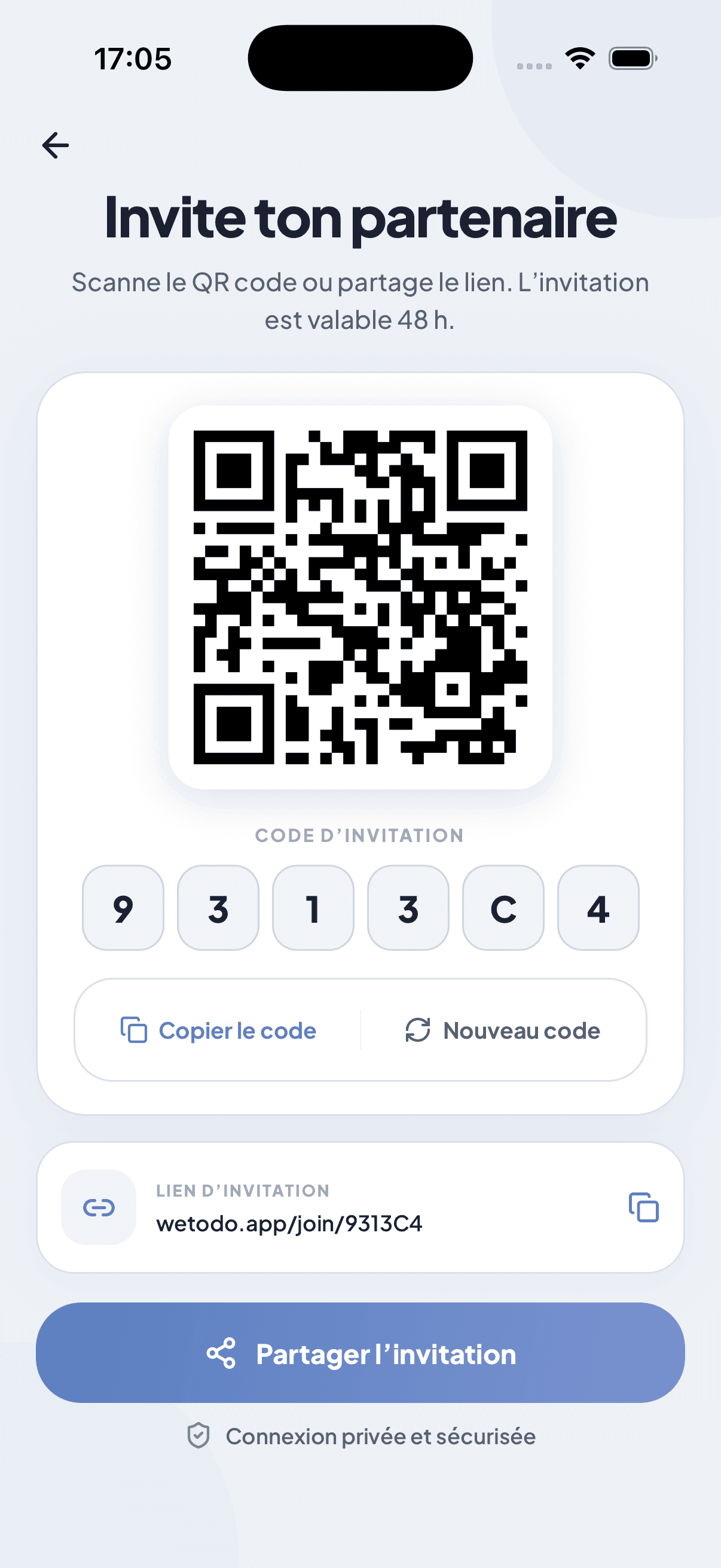 L'écran d'invitation de WeTodo : un QR code, un code à six caractères et un lien à partager avec son partenaire
