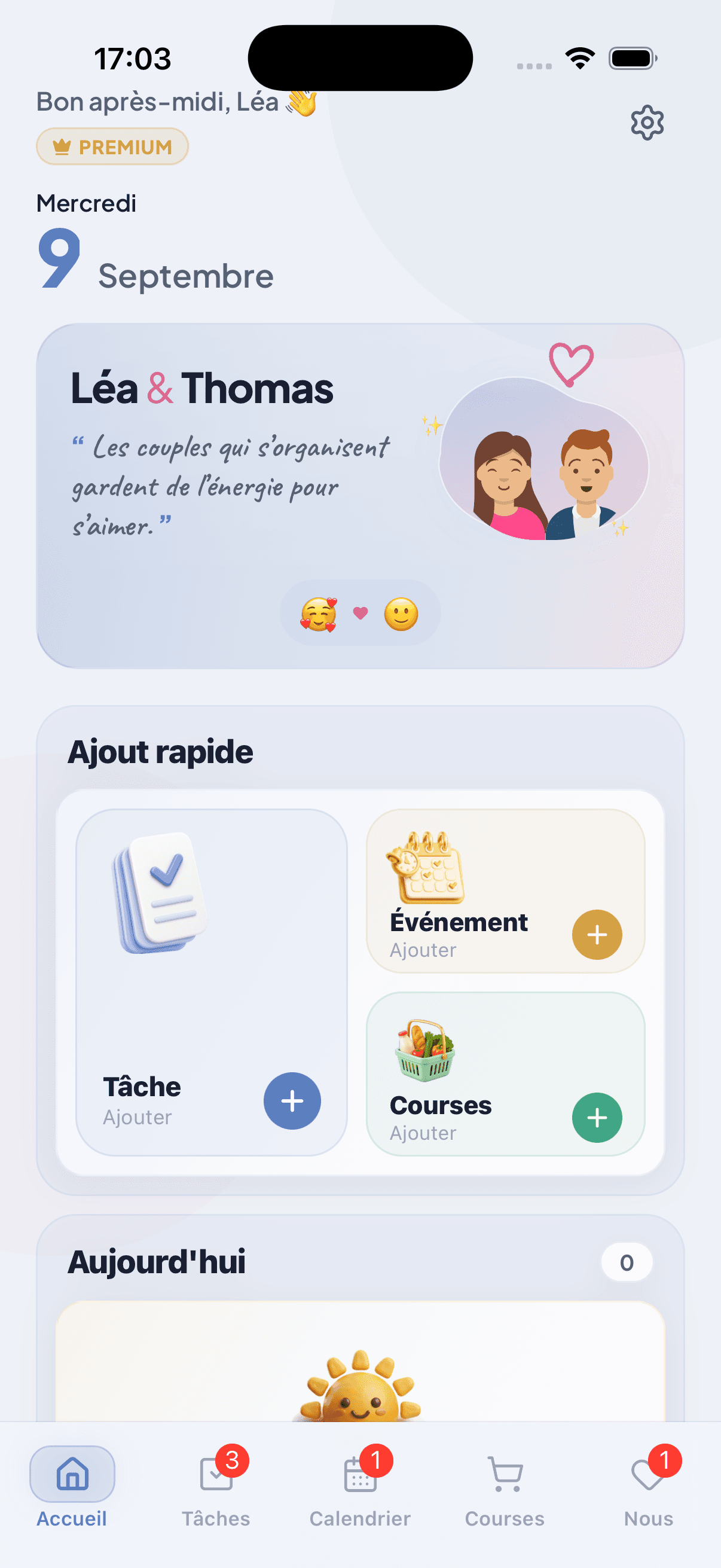 L'accueil de WeTodo : la phrase du jour dans la carte du couple, avec les humeurs de Léa et Thomas