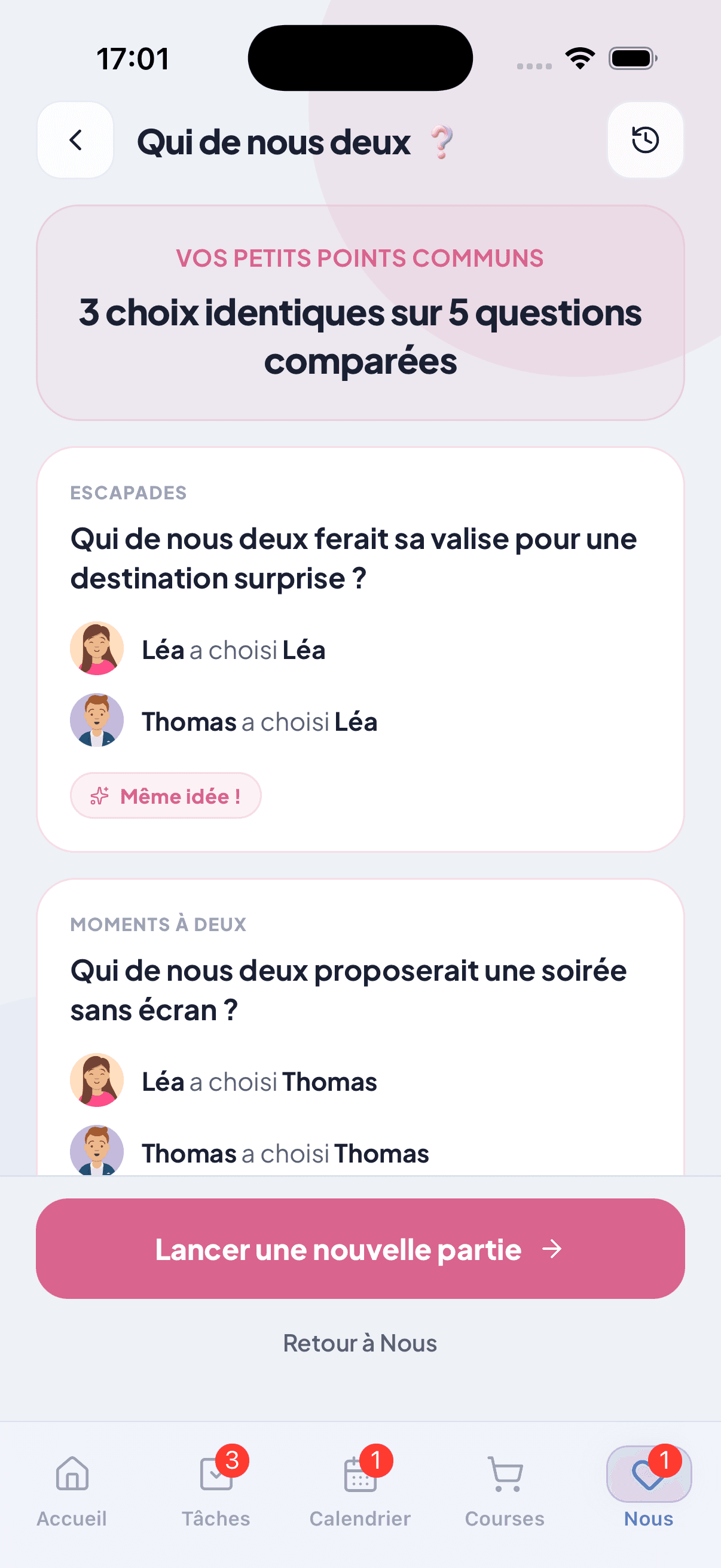 La révélation dans « Qui de nous deux ? » : les choix de Léa et Thomas côte à côte, et le nombre de réponses identiques