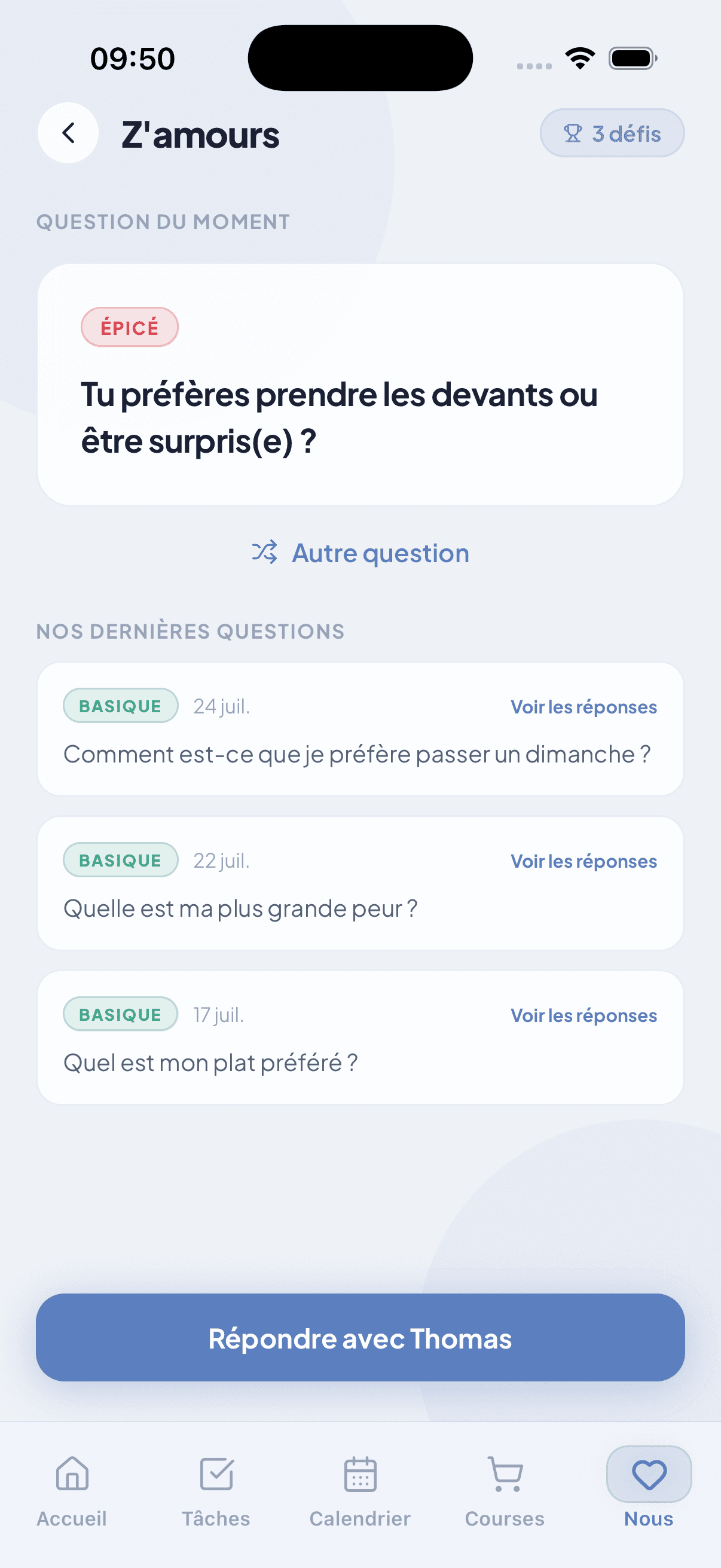 Jeu Z'amours dans WeTodo : une question du moment et les dernières réponses