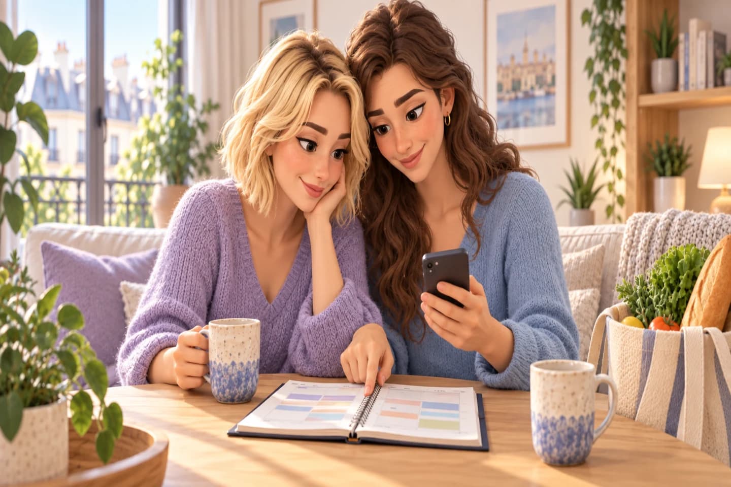 Un couple de femmes, l’une blonde et l’autre brune, organise sa semaine avec un smartphone et un agenda.
