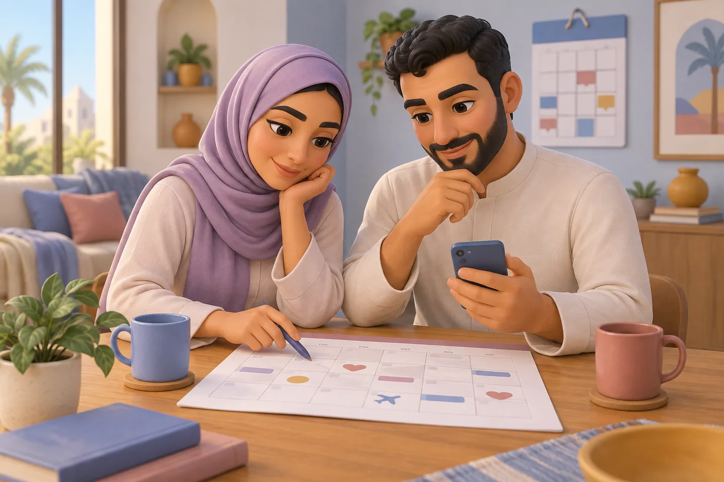 Un couple consulte ensemble un calendrier partagé posé sur une table, dans un intérieur chaleureux.