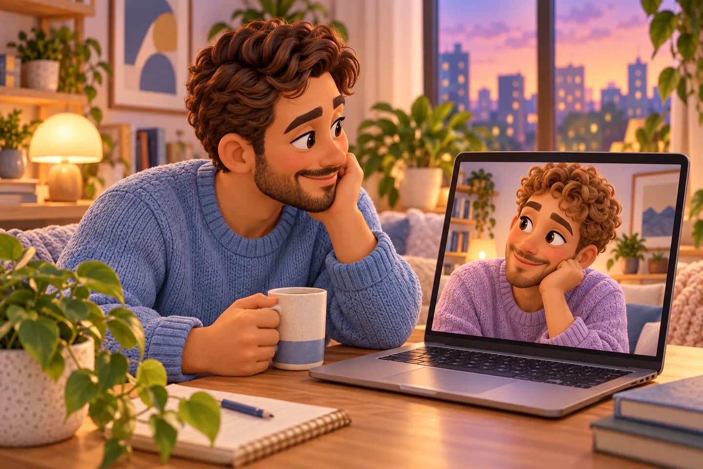 Illustration 3D : un homme échange en visioconférence avec son partenaire depuis un bureau chez lui.